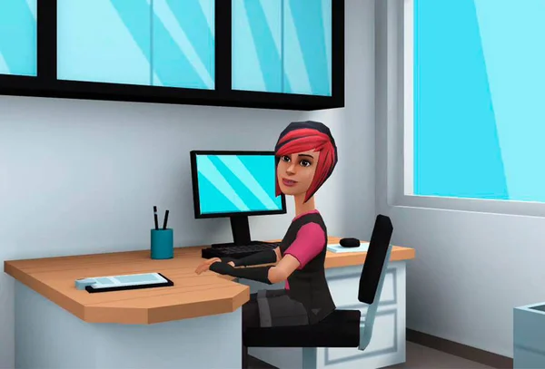 a girl with pink hair at the computer holds her hands on the table and looks at the camera, on the computer table the hands of a girl in a black armband