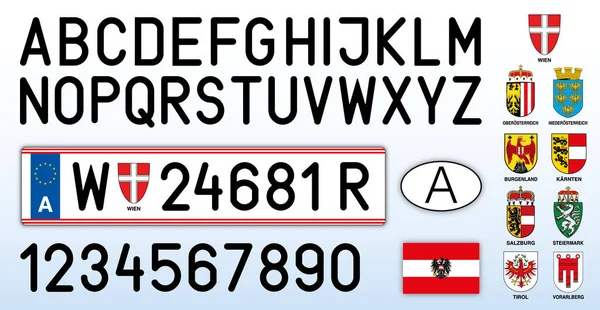 Avusturya araba plakası, harfler, sayılar ve semboller, Avusturya, vektör illüstrasyonu