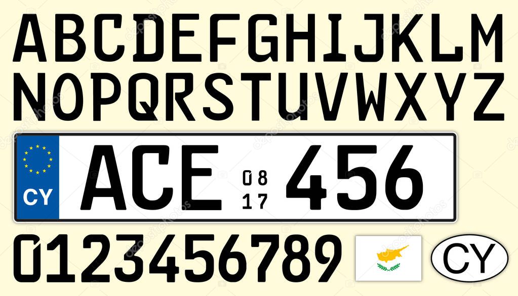 Cyprus car plate, letters, numbers and symbols