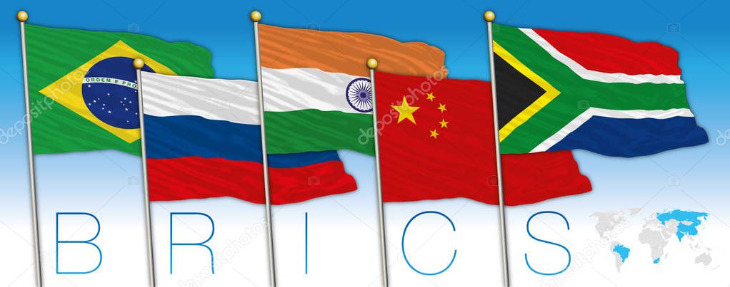 BRICS coutries flags and map, vector illustration