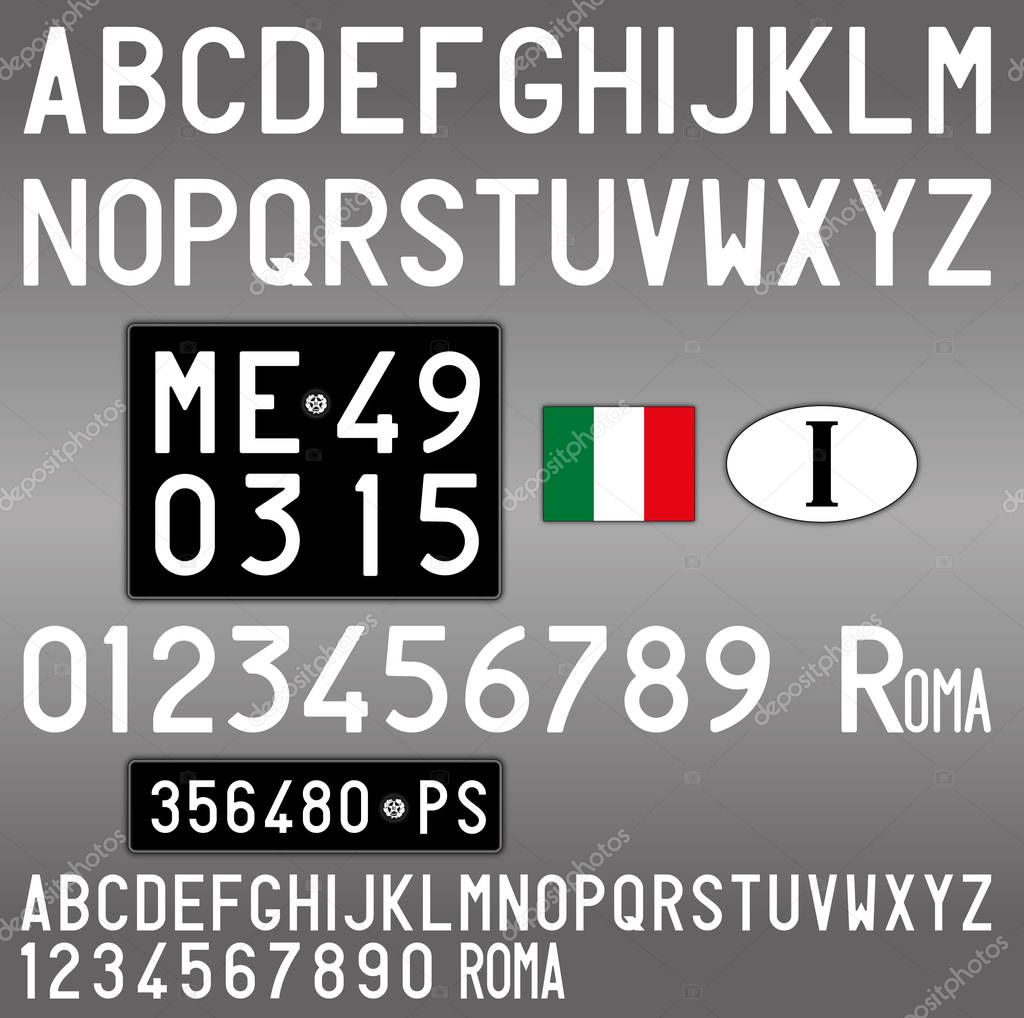 Italy old car license plate, letters, numbers and symbols, black style, vintage