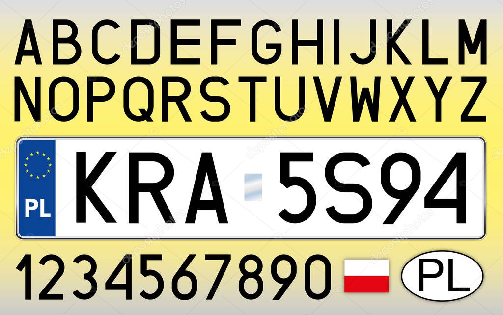 Poland car license plate, letters, numbers and symbols, vector illustration