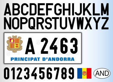 Andorra old kind car license plate, letters, numbers and symbols, vector illustration