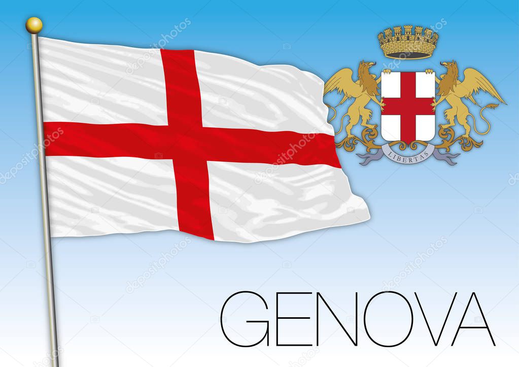 Genoa city flag and coat of arms, Italy, vector illustration