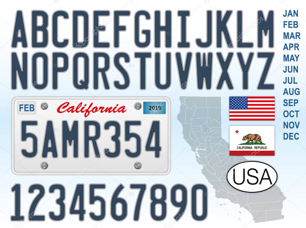 California car license plate, letters, numbers and symbols, United States