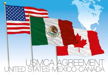 USMCA Agreement 2018 flags, United States, Mexico, Canada, vector illustration with map clipart