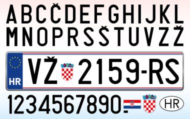 Croatia car license plate, letters, numbers and symbols clipart