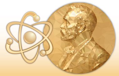 Nobel Physics award, gold polygonal medal and physic symbol clipart