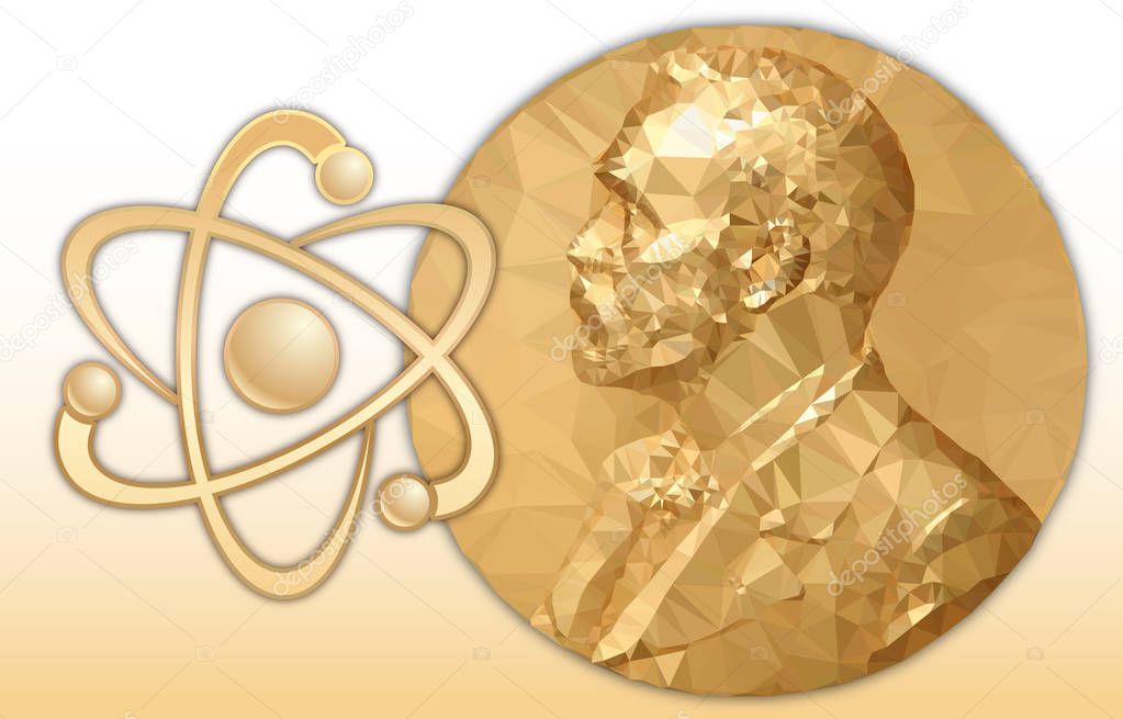 Nobel Physics award, gold polygonal medal and physic symbol