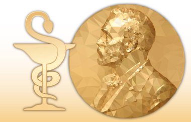 Nobel Chemistry award, gold polygonal medal and chemical symbol clipart