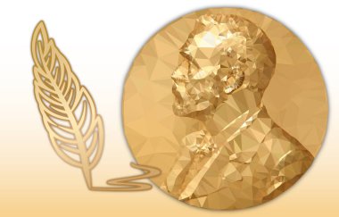 Nobel Literature award, gold polygonal medal and pencil symbol clipart