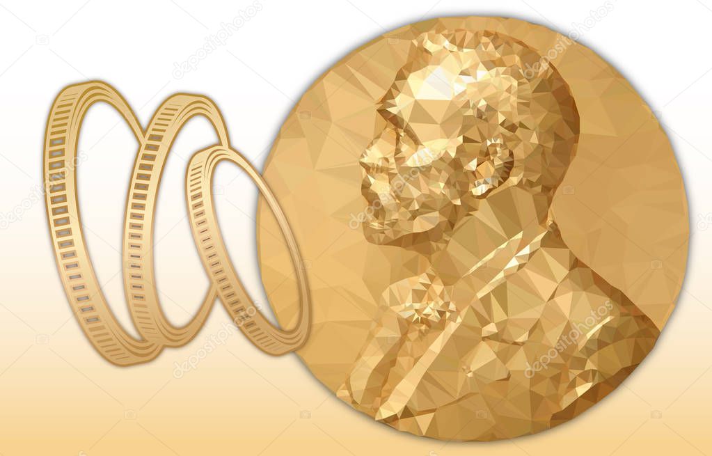 Nobel Economy award, gold polygonal medal and coins symbol