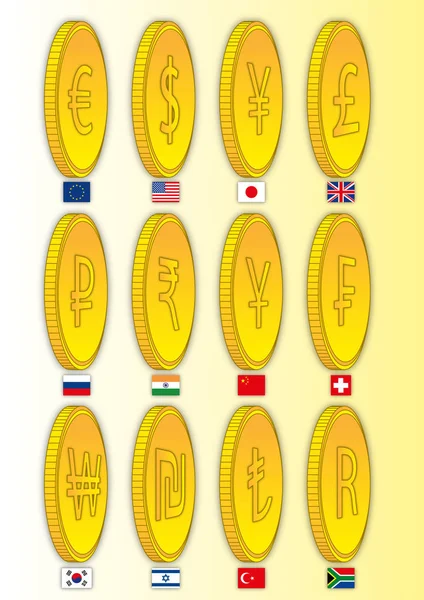 Valuta Simbols Wereld Munten Vectorillustratie — Stockvector