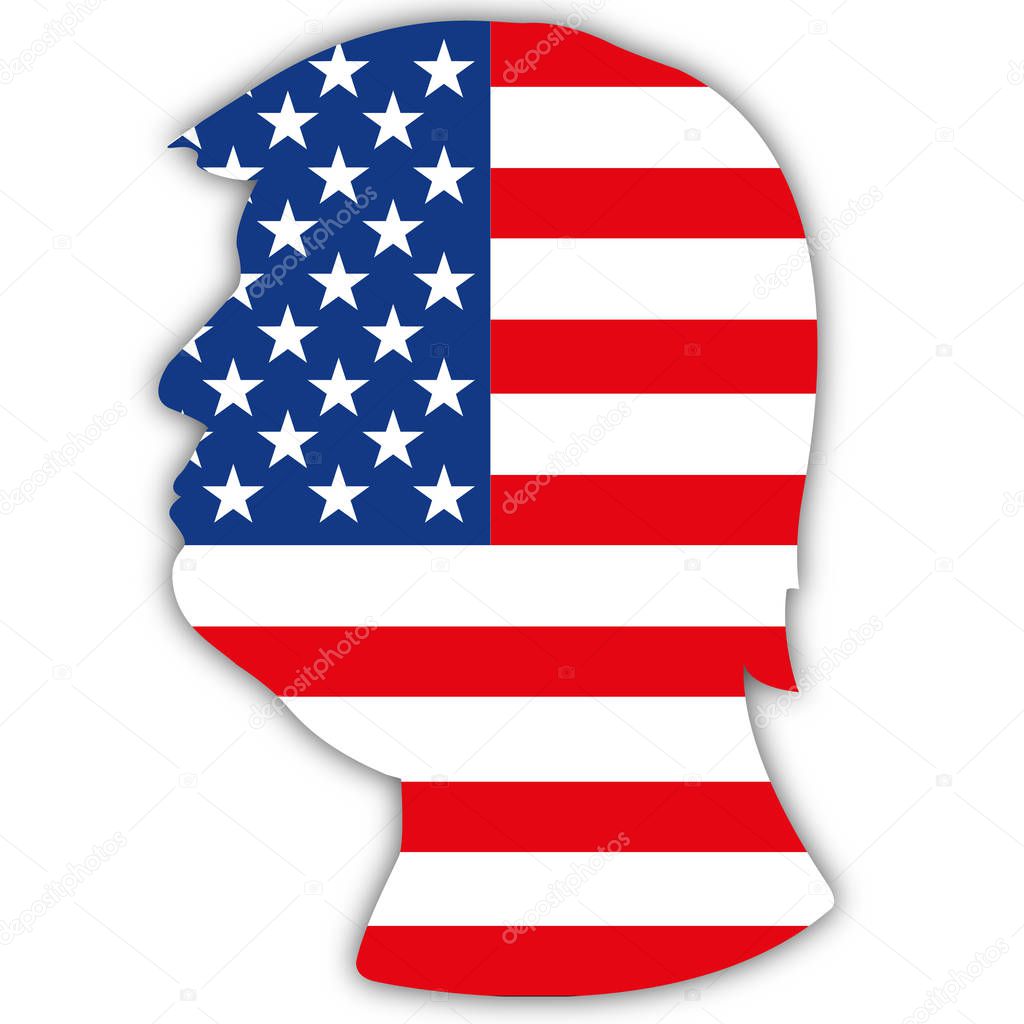 Donald Trump silhouette on the US flag, vector illustration, United States of America