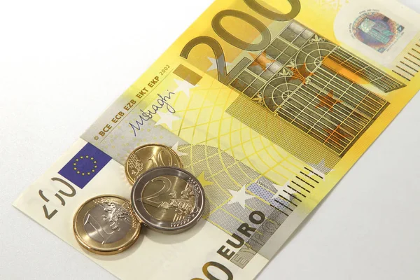 Billete 200 Euros Monedas Euros Unión Europea —  Fotos de Stock
