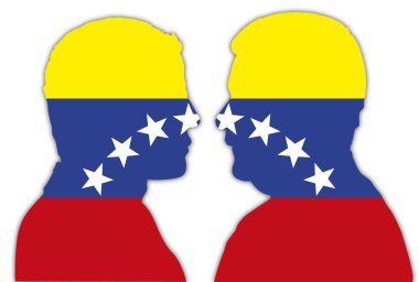 Nicolas Maduro ve Juan Guaido portre siluetleri vektör çizim Venezuela bayrağı