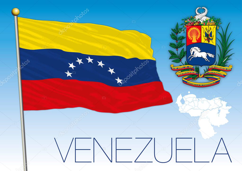 Venezuela flag with seven stars, coat of arms and map, vector illustration