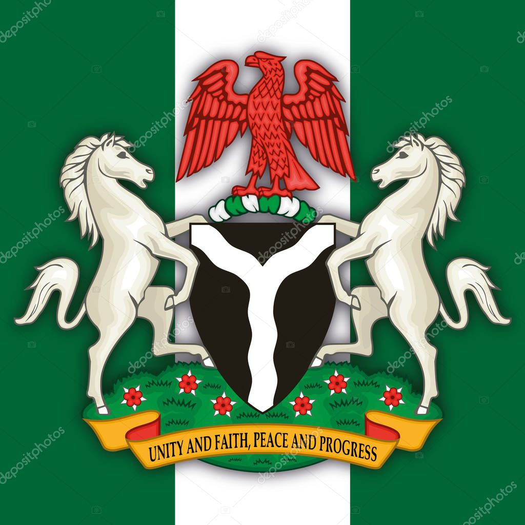 Nigeria federal republic coat of arms and flag, vector illustration