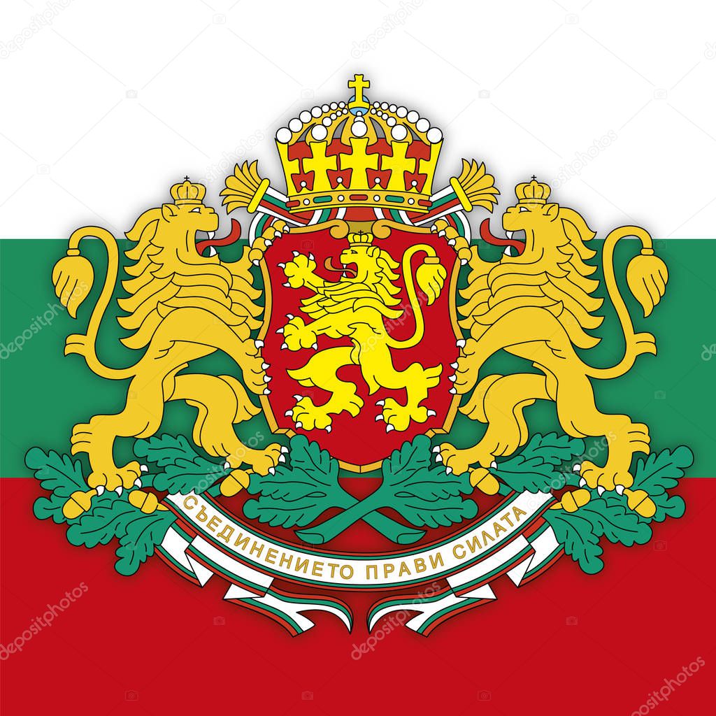 Bulgaria coat of arms on the bulgarian flag, vector illustration