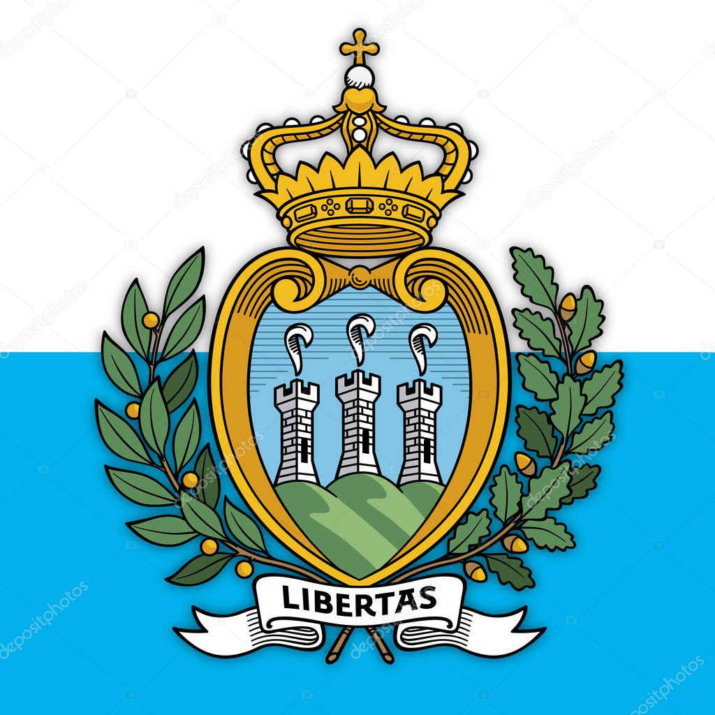 San Marino Republic coat of arms on the national flag, vector illustration
