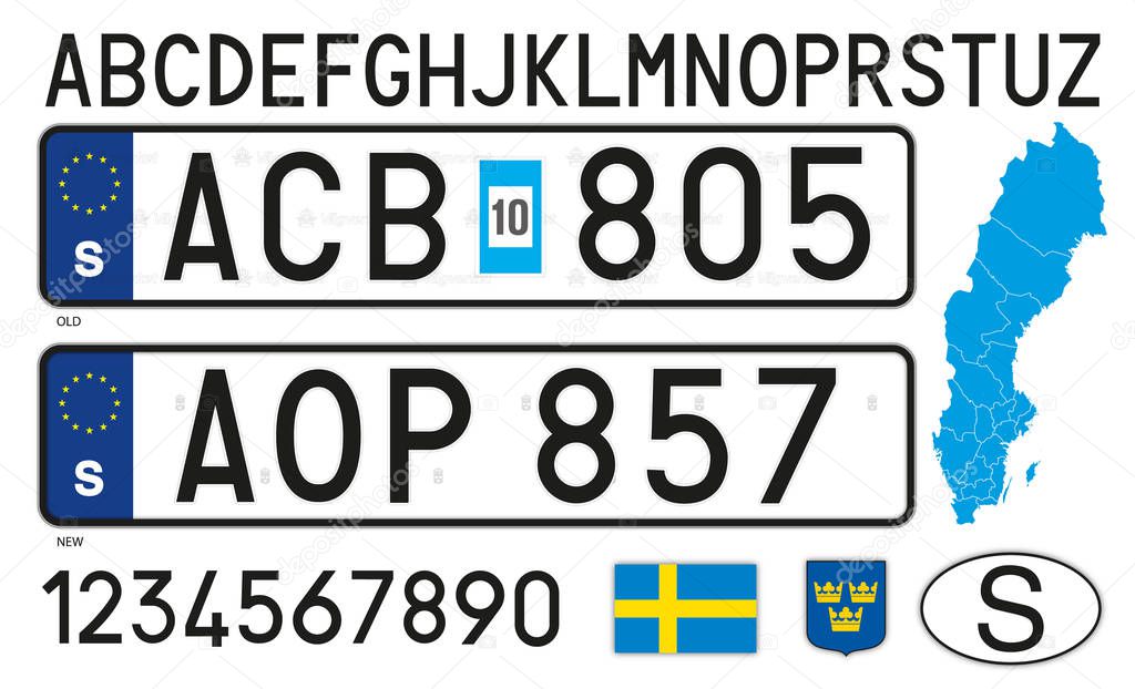 Sweden car license plate, letters, numbers and symbols