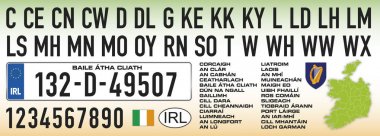 Eire Ireland car license plate, letters, numbers and symbols clipart