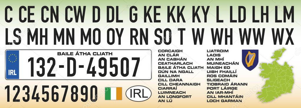 Eire Ireland car license plate, letters, numbers and symbols