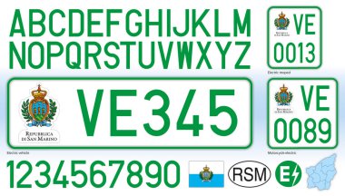 San Marino Cumhuriyeti elektrikli otomobil plakası, harfler, sayılar ve semboller