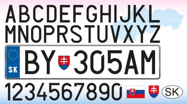 Slovakya araba plakası, harfler, sayılar ve semboller, vektör illüstrasyon