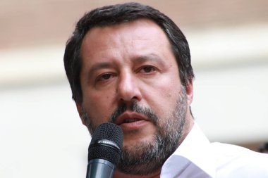 MODENA - ITALY, MARCH 3, 2019: Matteo Salvini, public politic conference Lega party clipart
