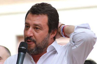 MODENA - ITALY, MAY 3, 2019: Matteo Salvini, public politic conference Lega party clipart