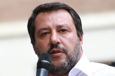 MODENA - ITALY, MAY 3, 2019: Matteo Salvini, public politic conference Lega party clipart