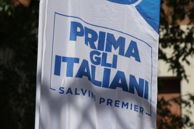 Modena - İtalya, 3 Mayıs 2019: Matteo Salvini, kamu siyaset konferansı Lega partisi