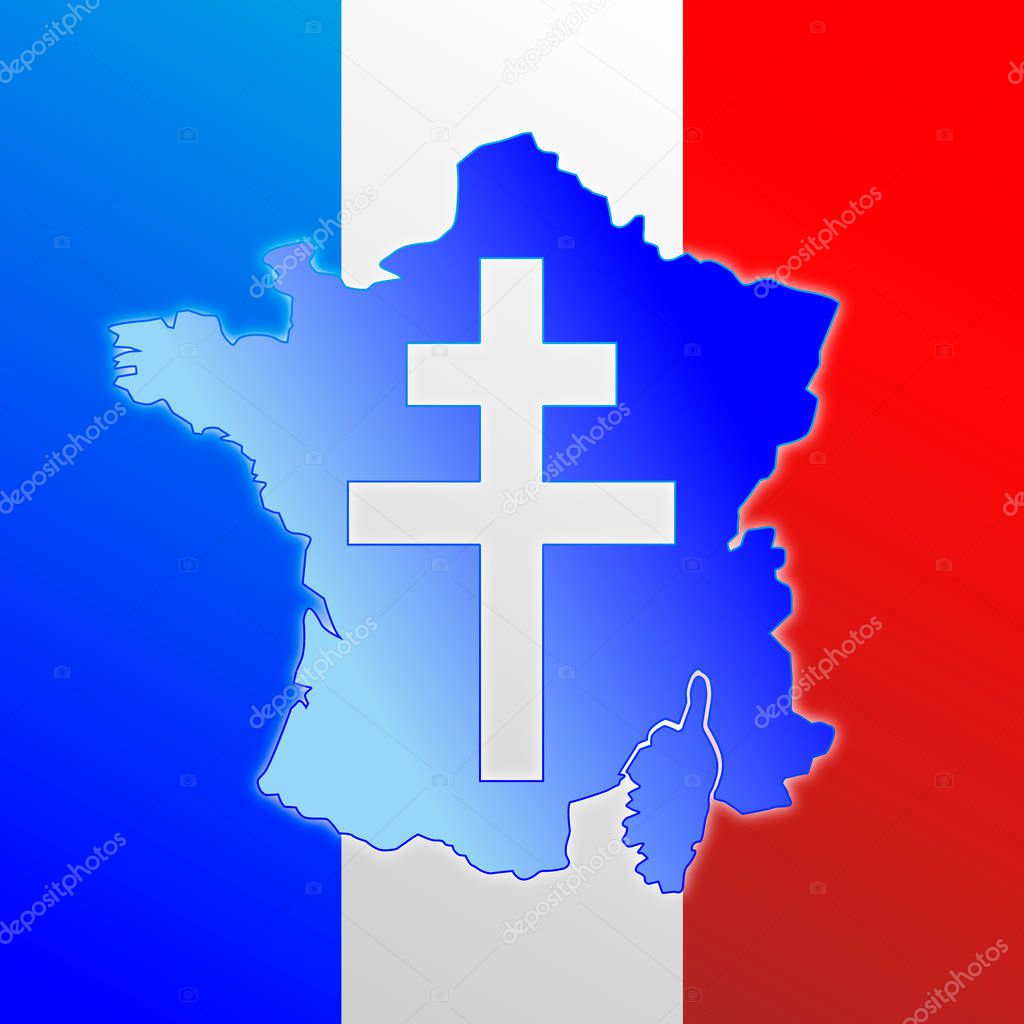 Lorena cross, symbol of France, map and flag, vector illustration