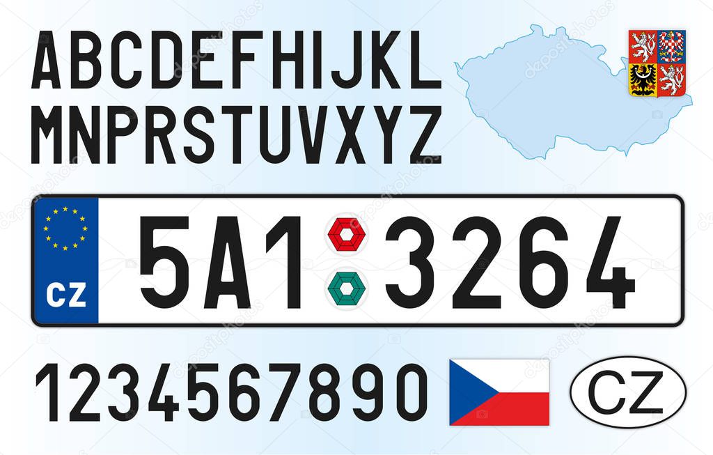 Czech Republic car license plate, letters, numbers and symbols, vector illustration, European Union