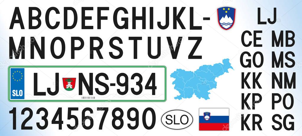 Slovenia car license plate, letters, numbers and symbols, vector illustration, European Union