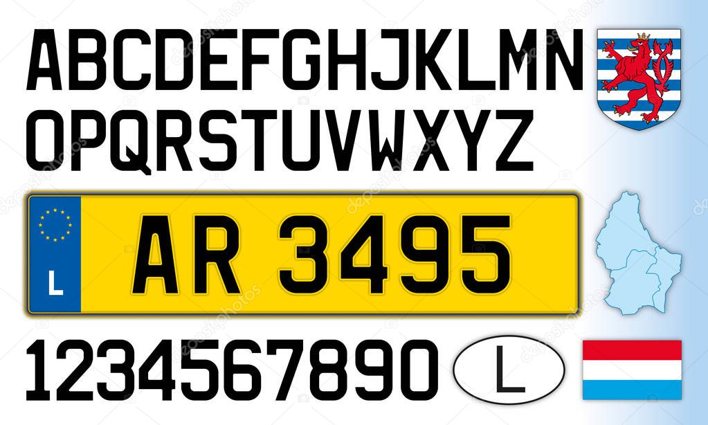 Luxembourg car license plate, letters, numbers and symbols, vector illustration, European Union