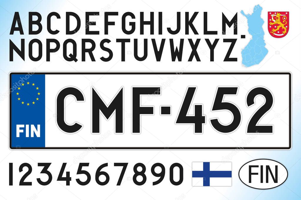 Finland car license plate, letters, numbers and symbols, vector illustration, European Union
