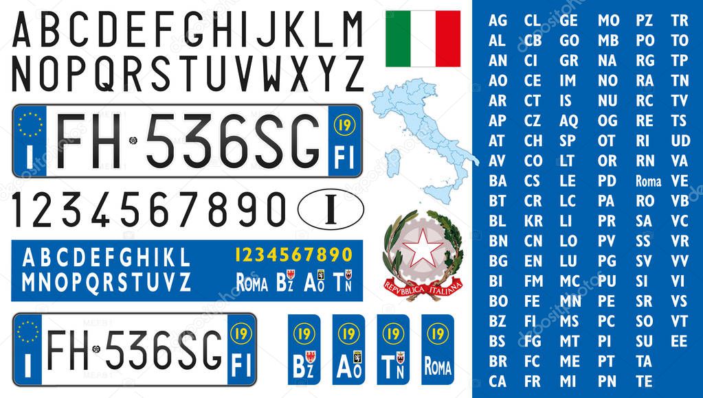 Italian Republic car license plate, letters, numbers and symbols, vector illustration, European Union, Italy