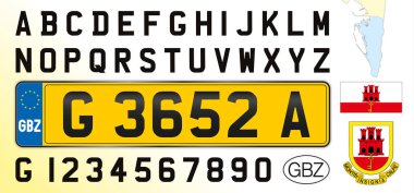 Gibraltar car license plate, letters, numbers and symbols, vector illustration, Europe clipart