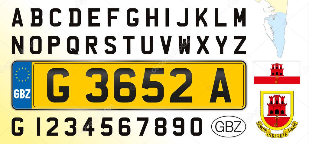 Gibraltar car license plate, letters, numbers and symbols, vector illustration, Europe