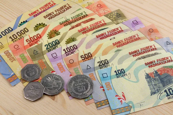 Ariary Billetes Monedas Del Estado Madagascar —  Fotos de Stock