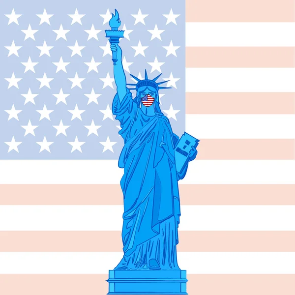 Statue Liberté Avec Masque Antiviral Sur Fond Avec Drapeau Américain — Image vectorielle