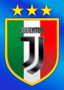 İtalya, 2019-2020 futbol şampiyonası, İtalya 'nın juventus şampiyonu, kalkanın üzerinde takım logosu ve üç altın yıldız, grafik illüstrasyon