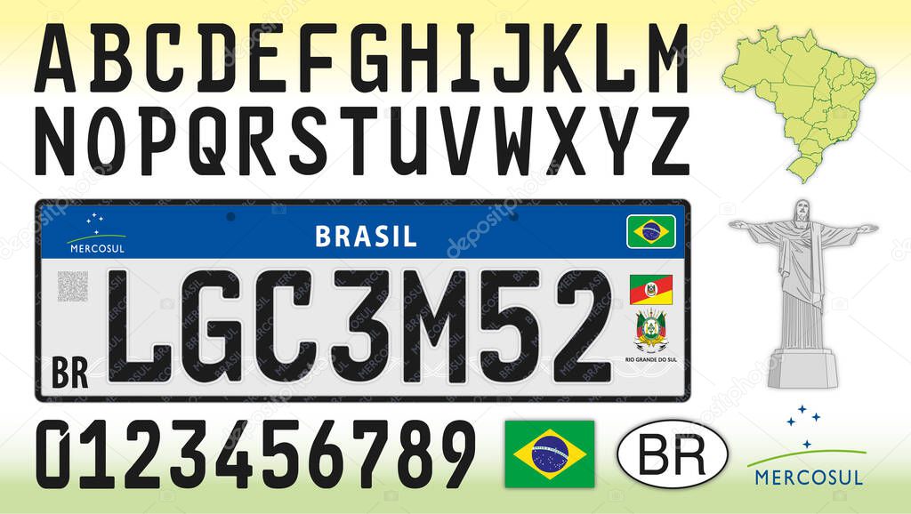 Brazil car license plate template with symbol, letters and numbers, mercosur serie, vector illustration
