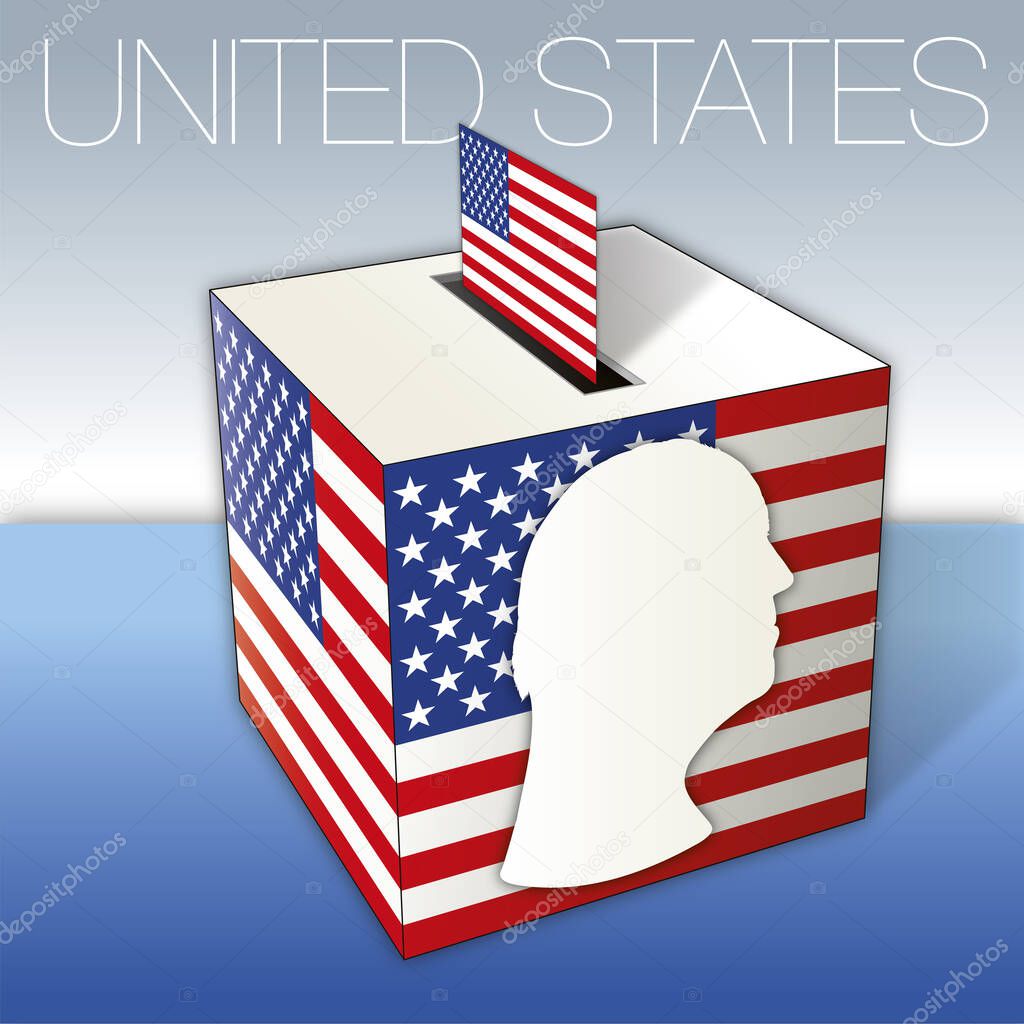 US presidential elections 2020, silhouette portrait of Joe Biden on the ballot box with US flags, vector illustration