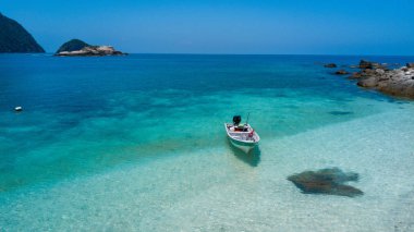 Rawa Adası, Malezya beyaz kum ve mavi okyanus ile deniz manzara havadan görünümü. Yaz tatili destinasyonu ve tropik tatil gezisi konsepti