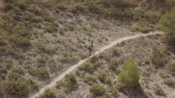 Mountain Biker Riding Trail Rural Landscape — Stock Video