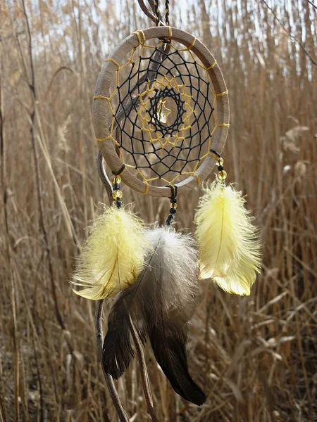 リードの背景に黄色の羽を持つドリームキャッチャー。ドリームキャッチャーサンセット、山、ボーホシック、エスニックお守り、シンボル. — ストック写真
