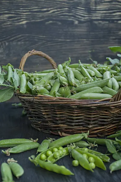 Saman sepetinde taze yeşil bezelye. Koyu ahşap arka plan.